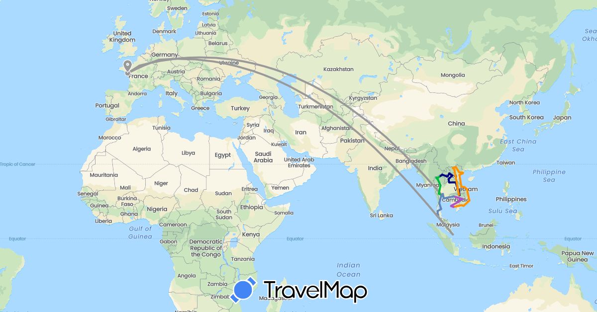 TravelMap itinerary: driving, bus, plane, cycling, train, hitchhiking in Germany, France, Cambodia, Laos, Singapore, Thailand, Vietnam (Asia, Europe)